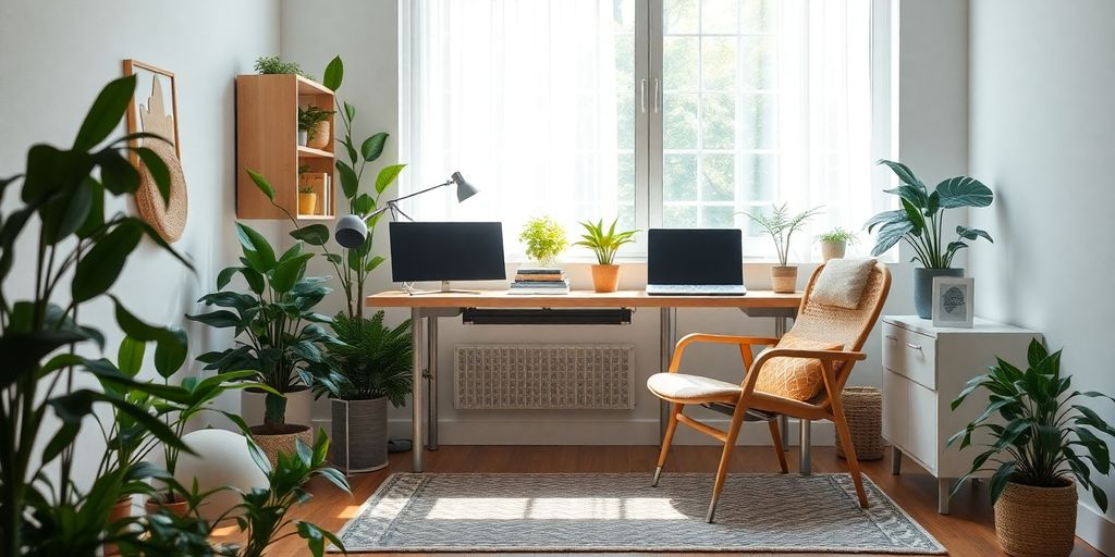 A cozy workspace with plants and natural light.