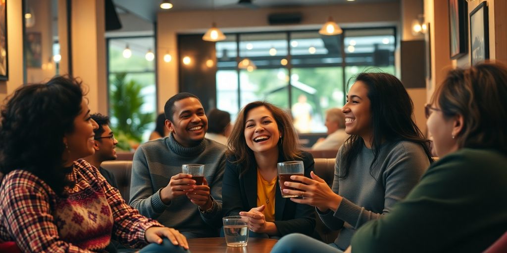 Diverse friends enjoying conversation in a cozy café.