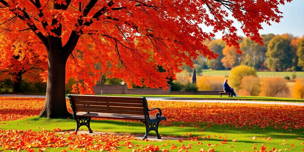 A peaceful park bench under a tree in autumn.