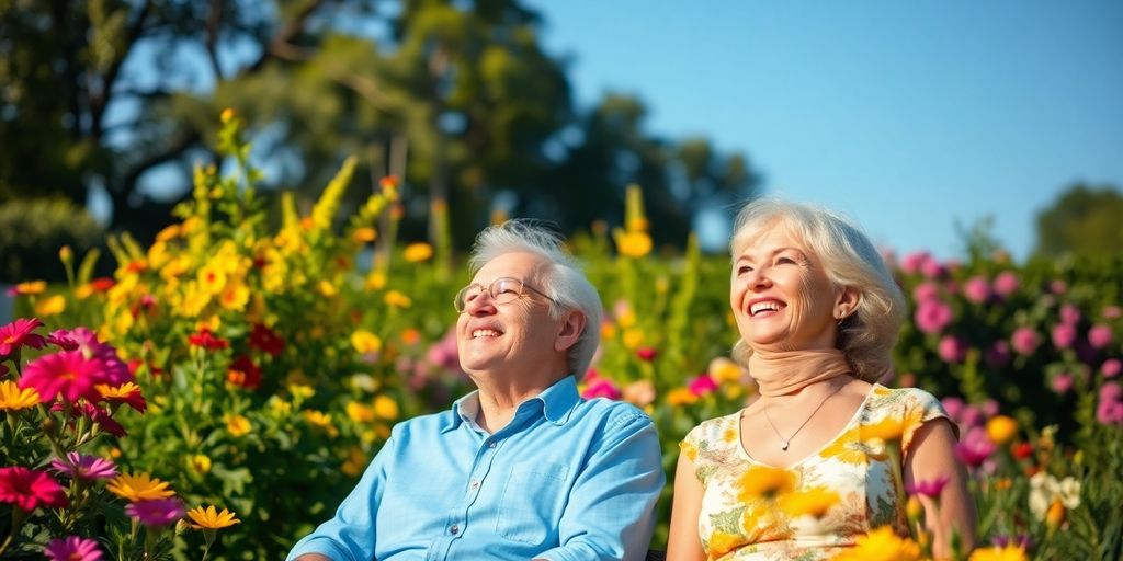 Happy couple in a beautiful garden during retirement.