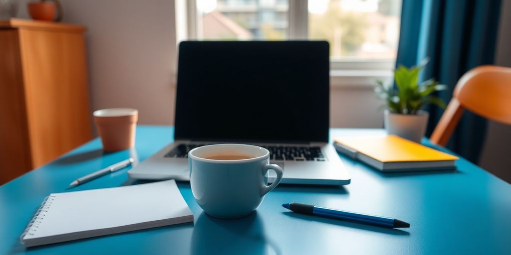 A bright workspace with a laptop and coffee.
