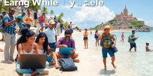 Diverse travelers working and exploring in beautiful locations.