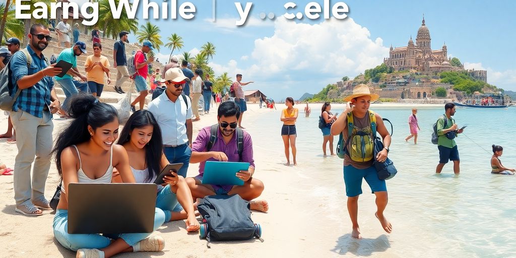 Diverse travelers working and exploring in beautiful locations.